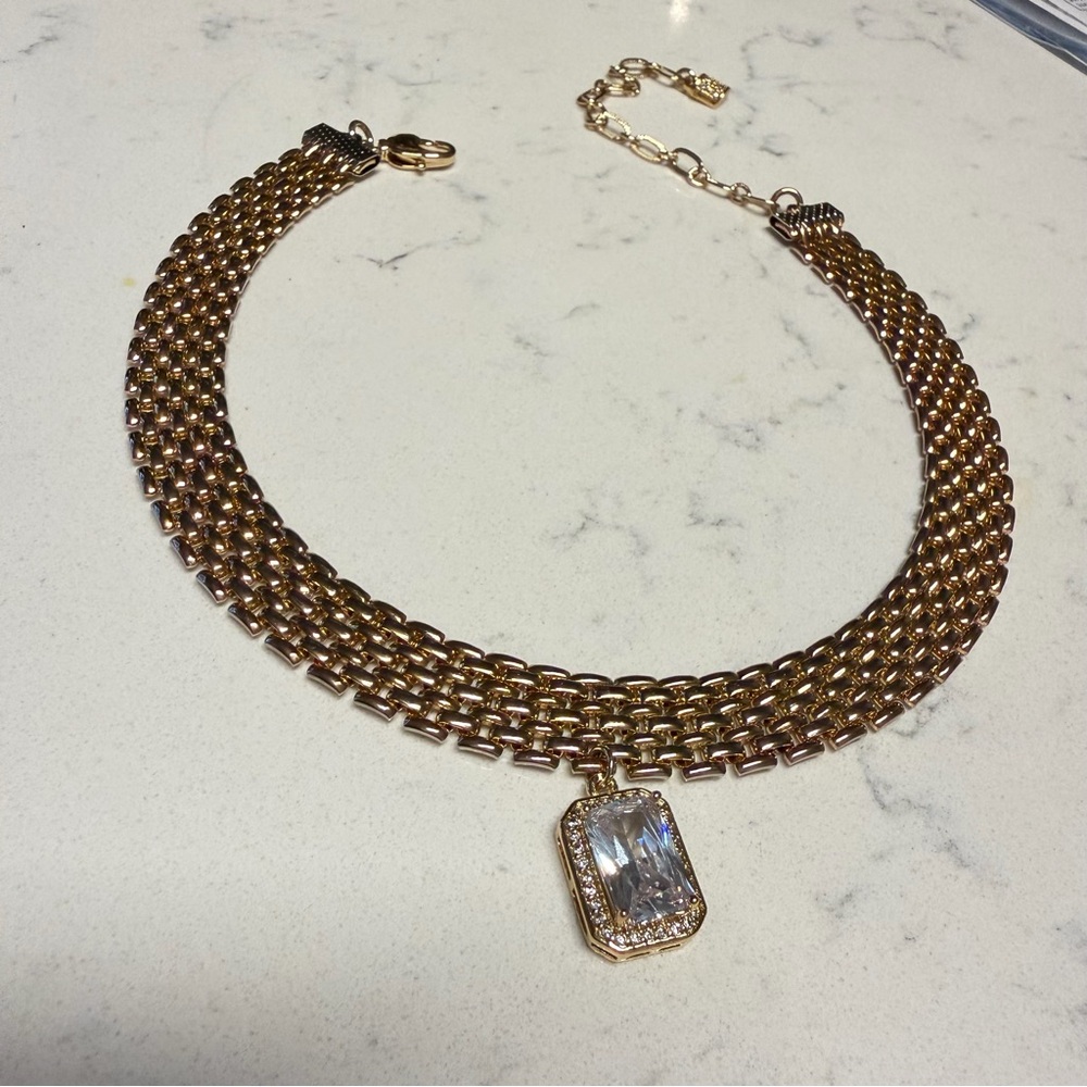 Statement Gold-tone Necklace with Crystal Pendant